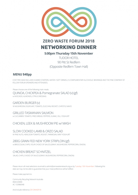 Zero Waste Forum Dinner - Thursday 15 Nov